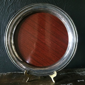 Vtg Crescent Faux Wood & Silverplate 9.625&quot; Round Serving Bar Tray, Vtg Barware