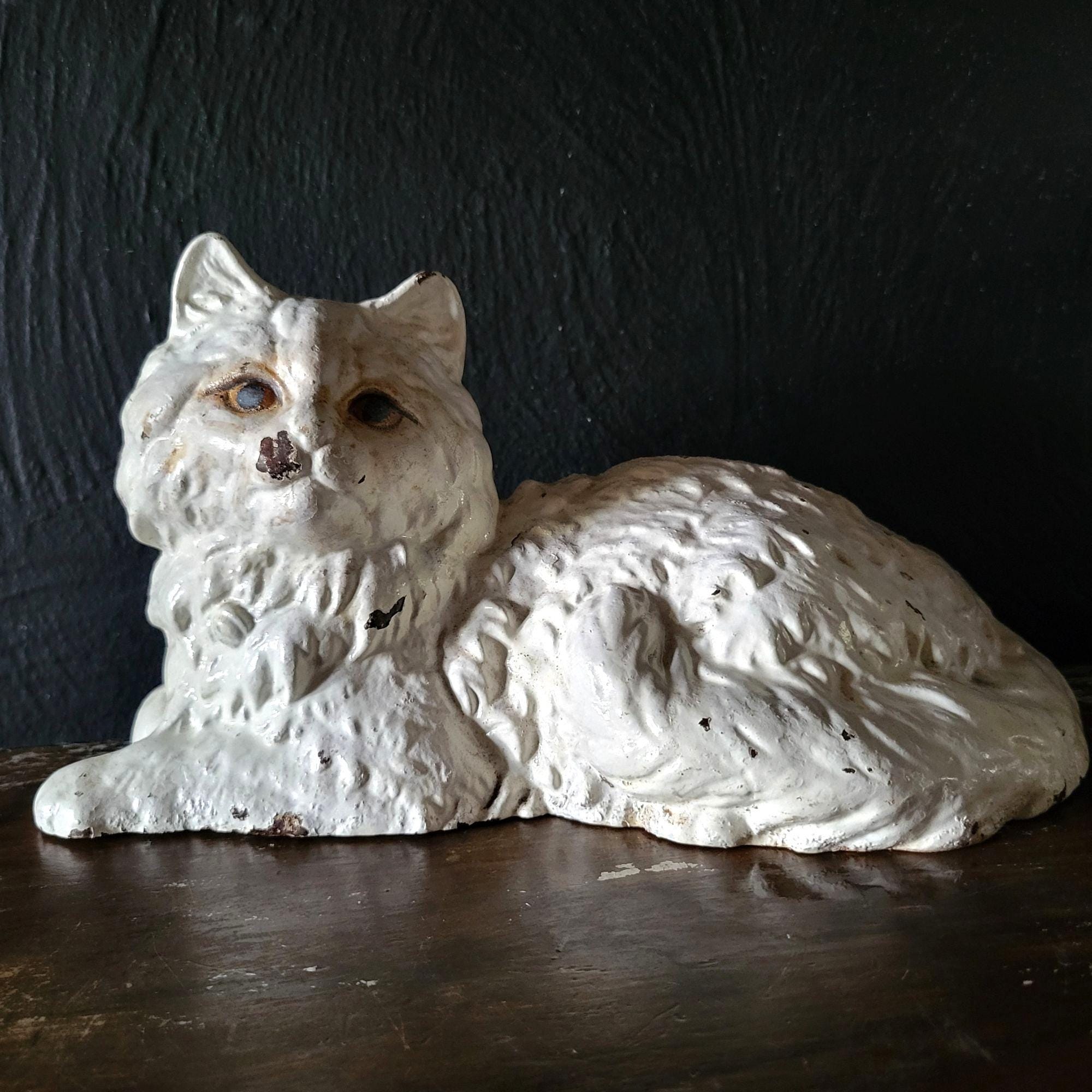 Antique 1920s Hubley Cast Iron Cat Doorstop, Laying Persian Cat