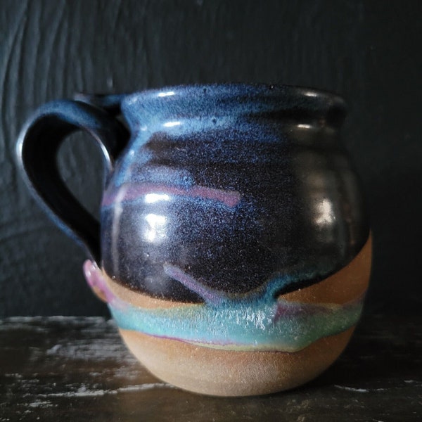 Vintage Studio Pottery Drip Glaze Pottery Mug Blue, Purple And Green Signed and Dated 1992