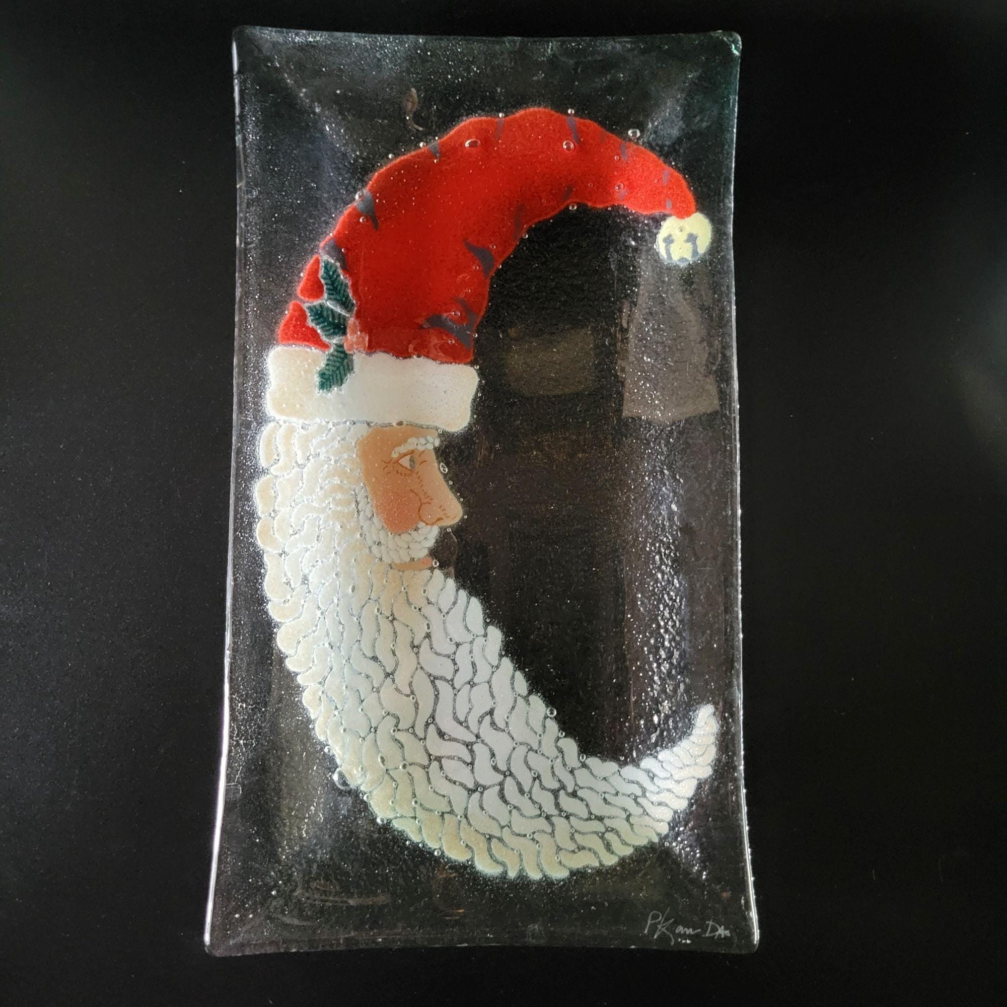 Peggy Karr Fused Art Glass Plate Crescent Moon Santa Claus