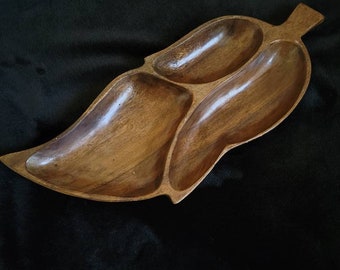 Grande Vintage Monkey Pod Hoja en forma de madera Tazón de madera Bandeja de madera Hoja dividida