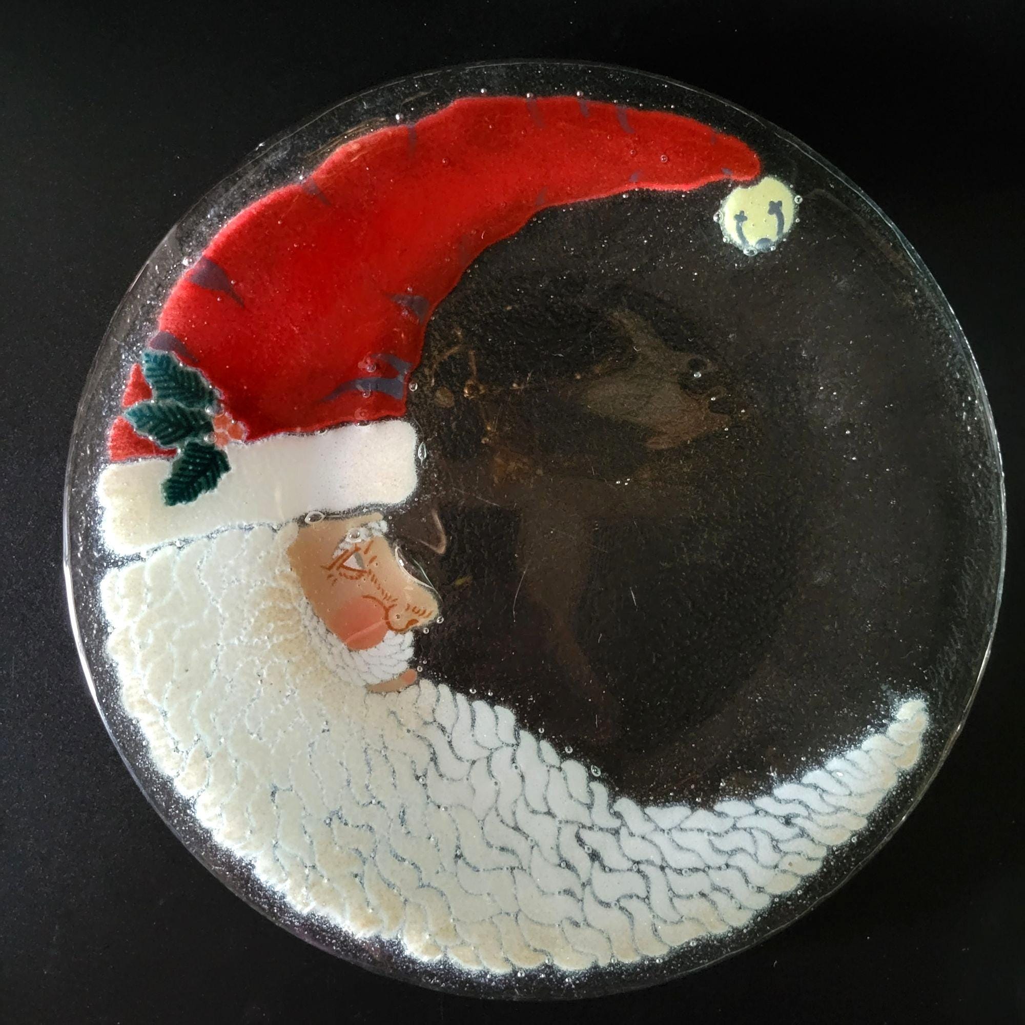 Vintage Peggy Karr Fused Glass Plate Crescent Moon Santa Claus