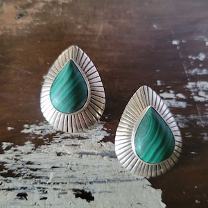 Vintage Malachite and Sterling Silver Earrings, Teardrop Shape Silver Earrings