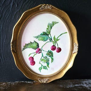 Vtg Hand Painted Cherries On Canvas In Gold Oval Frame Signed By Artist