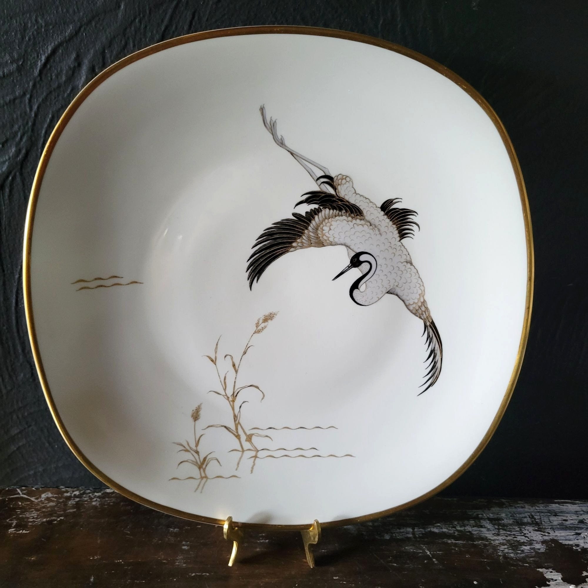 Large Vintage PMR Jaeger Bavaria Porcelain Flying Crane Plate