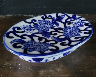 Vintage Blue and White Chinoiserie Soap Dish Trinket Dish