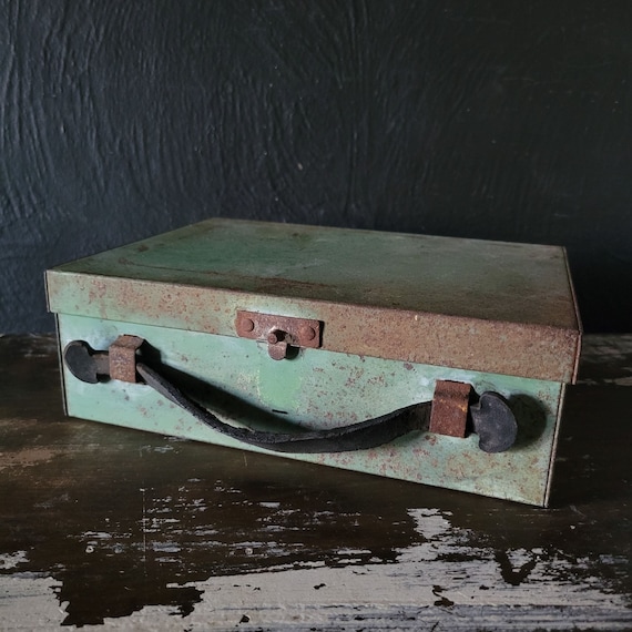 Antique Metal Lunch Box 1920'S Sectioned Box W/leather Handle