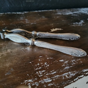 May include: A pair of silver nutcrackers with intricate designs. The nutcrackers are made of metal and have a polished finish.