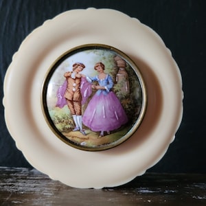 Fragonard Celluloid Powder Box Painted Porcelain Courting Couple Made in France