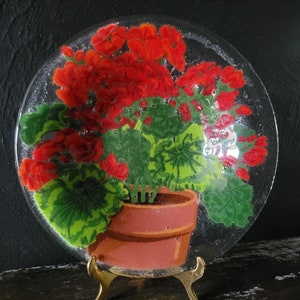 Vintage Peggy Karr Geranium in a Pot Fused Glass Bowl