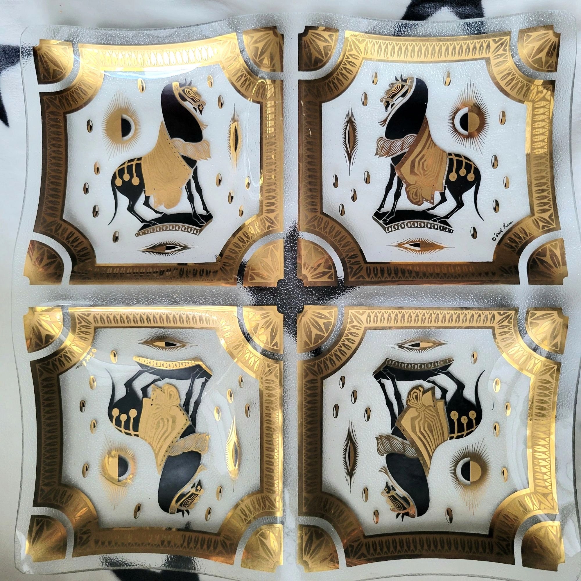 Fred Press Tray フレッドプレス ガラス トレイ 皿 Vintage Fred Press Trojan Horse Divided Bent Glass Tray 15” Gold
