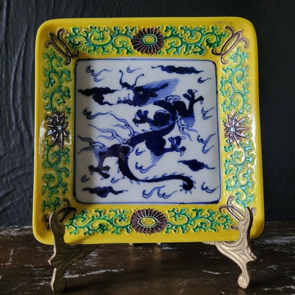 Vintage Chinese Square Yellow Trinket Dish With Dragon Motif