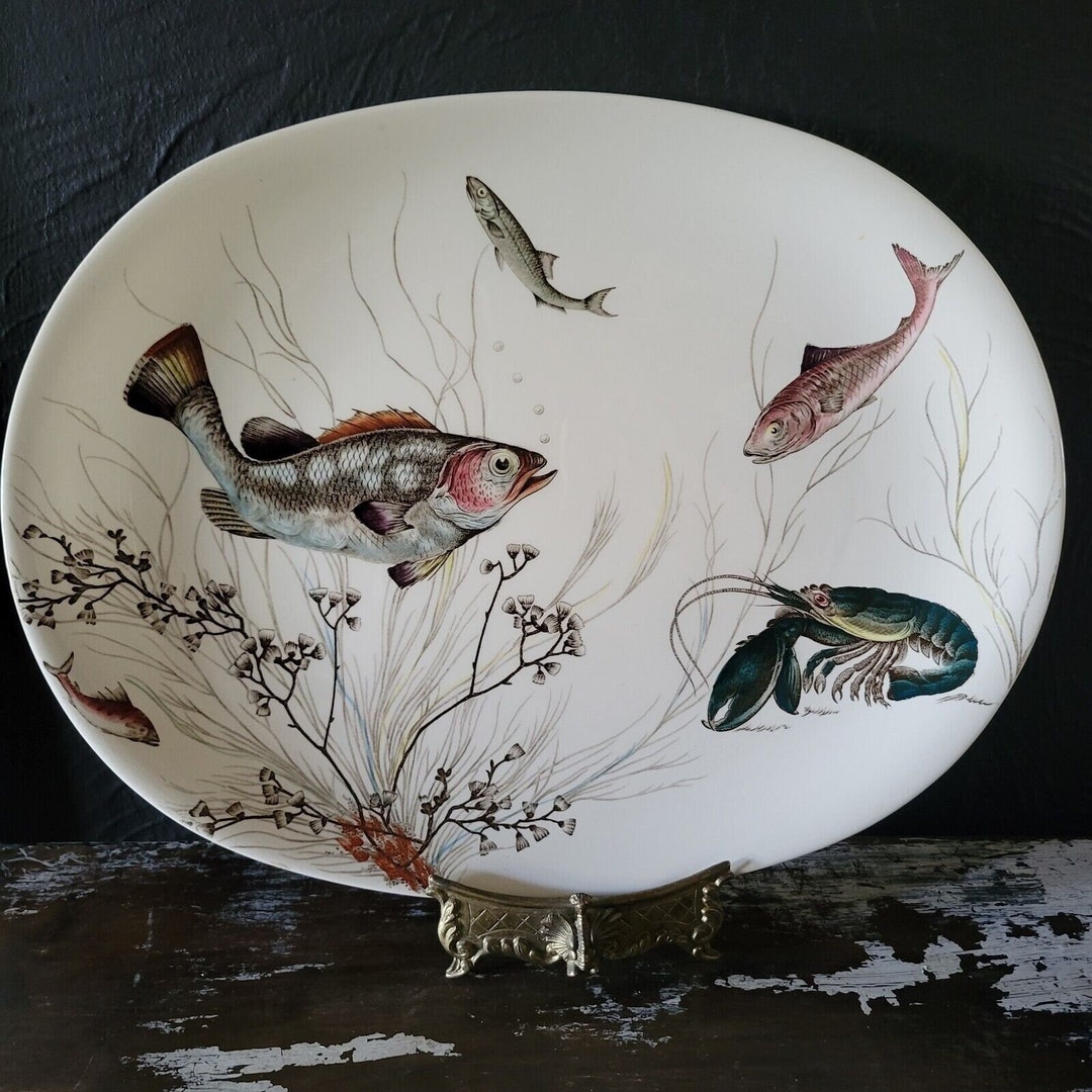 Vintage Johnson Brothers Fish Patten Platter 16 Oval Serving Platter cream , Grandmillennial