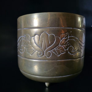 Vintage Brass Planter, Brass Chinese Cachepot with Feet and Etched Floral Design