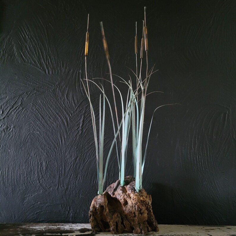 Shops Midcentury MCM Copper and Burlwood Cattail Sculpture (Possible Max Howard)
