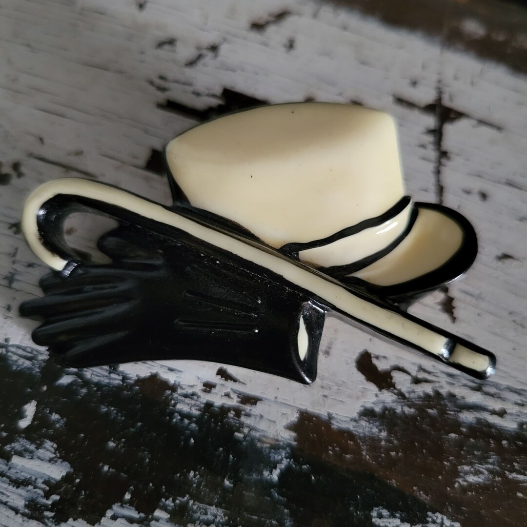 Vintage Plastic Top Hat, Cane and Gloves Brooch Pin, Magician Brooch