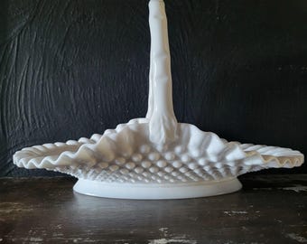 Fenton White Milk Glass Hobnail Ruffled Basket Vtg Wedding, Easter Decor 12.875"