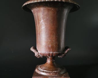 Vintage Metal Urn Vase on Pedestal with Handles, Urn Cachepot 6.625"