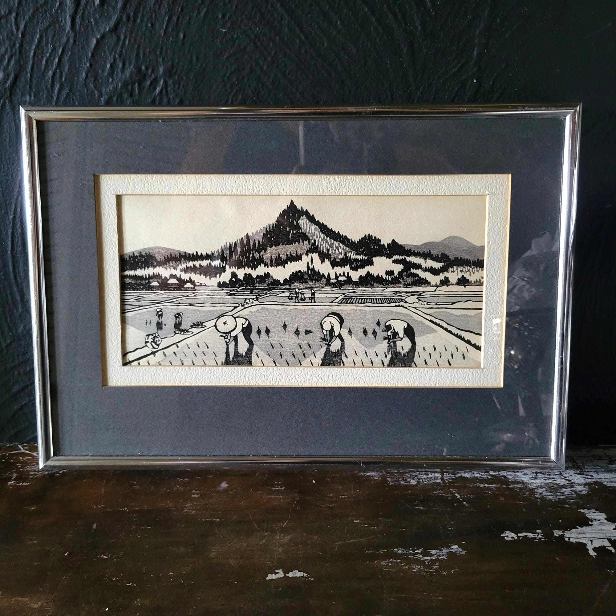 Framed "Rice Planting" Gihachoro Okuyama Japanese Woodblock, Showa Period 1950s