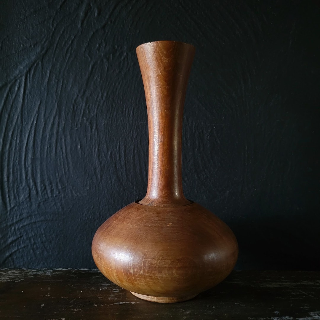 Vintage MCM Wood Turned Vase Vintage Wood Vase Etsy