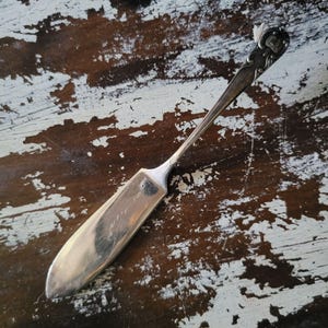 Peut inclure: Un couteau à beurre argenté avec un manche orné. Le couteau a une lame large et plate et une poignée décorative avec un motif floral. Le couteau repose sur une surface en bois vieilli avec de la peinture blanche écaillée.