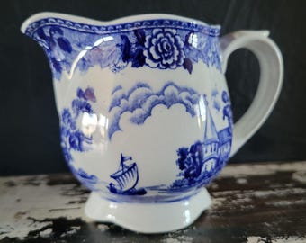 Vtg Arabia Finland Blue and White Landscape Creamer Jug Floral and Scenic *Read