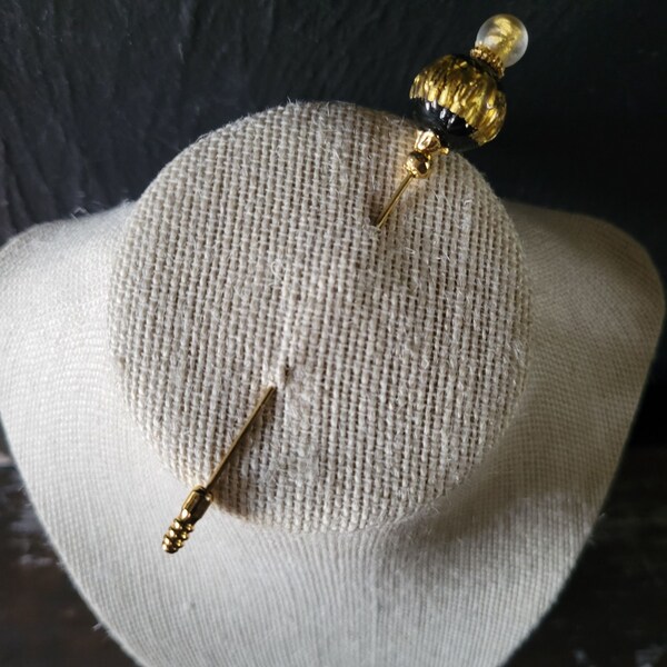 Vintage Art Glass Hat Pin / Hair Pin / Stick Pin, Black and Gold Bead Hat Pin