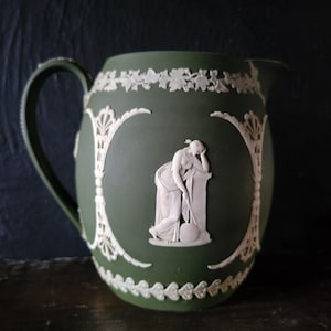 Antique Wedgwood Olive Green Jasperware Muses Trophy Emblem Jug Pitcher *Read