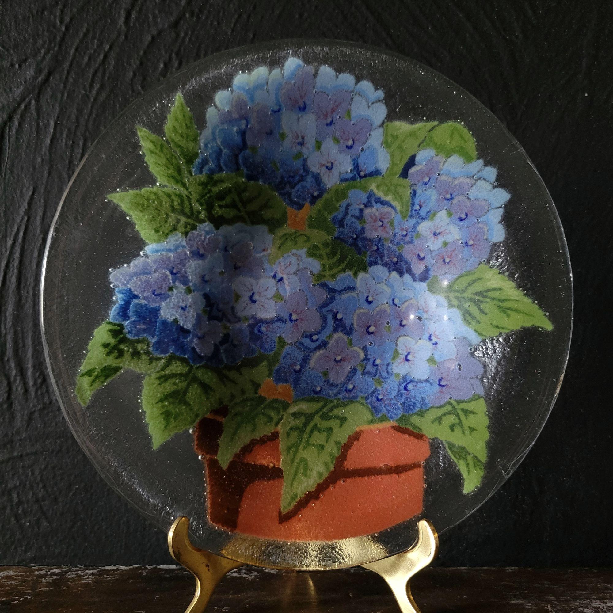 【Peggy Karr】USA  作家  ガラスプレート  大作  サインあり 13.5” Peggy Karr Fused Glass Plate PANSIES Large Metal