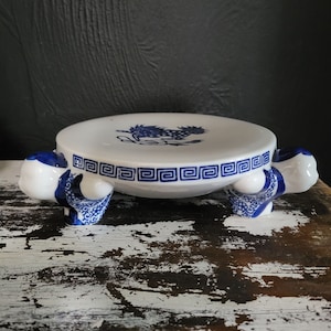 Vtg Takahashi Foo Dog Plant Stand, Fish Bowl Stand, decoración asiática azul y blanca