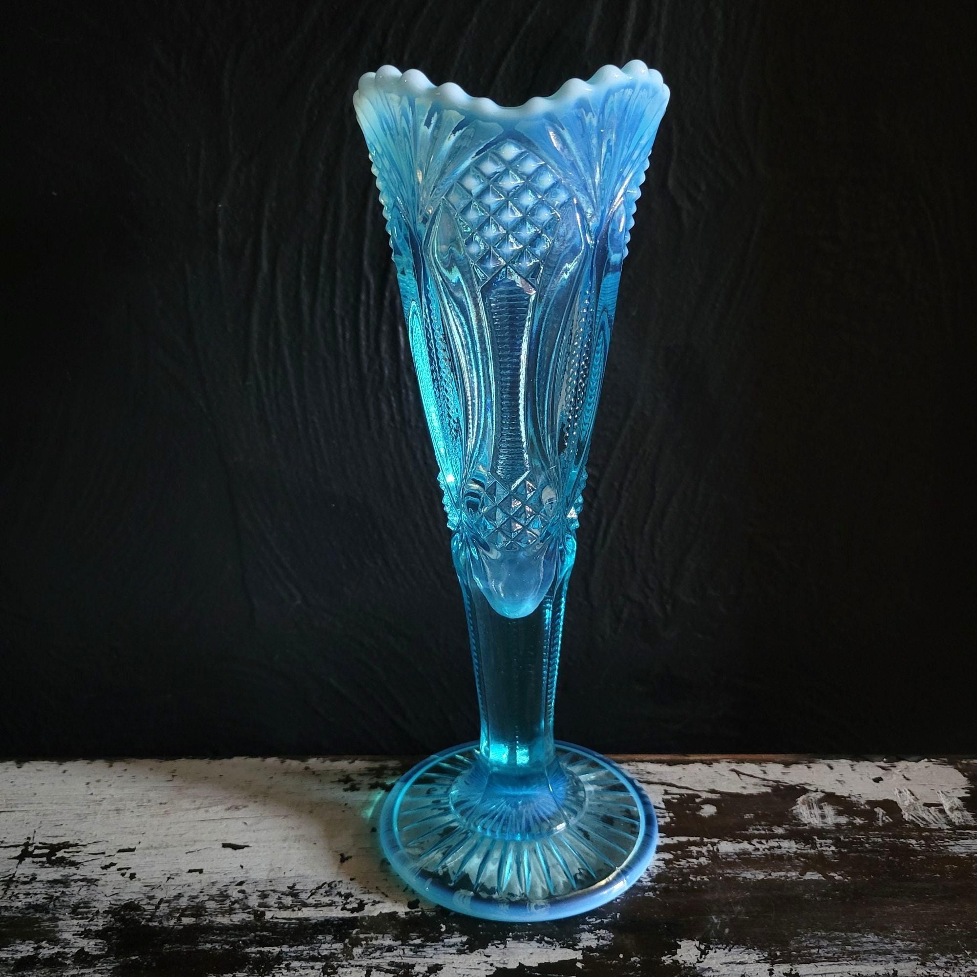 Vintage Mosser Aqua Opalescent Glass Diamond Pattern Vase, Vtg