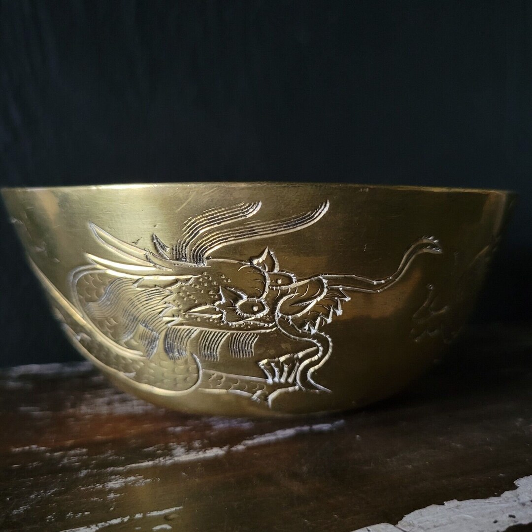 Small Vintage Chinese Brass Bowl With Dragons Brass Trinket Etsy