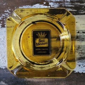 Vintage Best Western Hotel Amber Glass Advertising Ashtray Black Logo, Hotel Advertising, Vintage Hotel