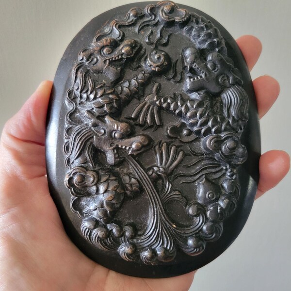 Chinese Inkstone LID ONLY with Exquisite Carving with Dragons, Paperweight