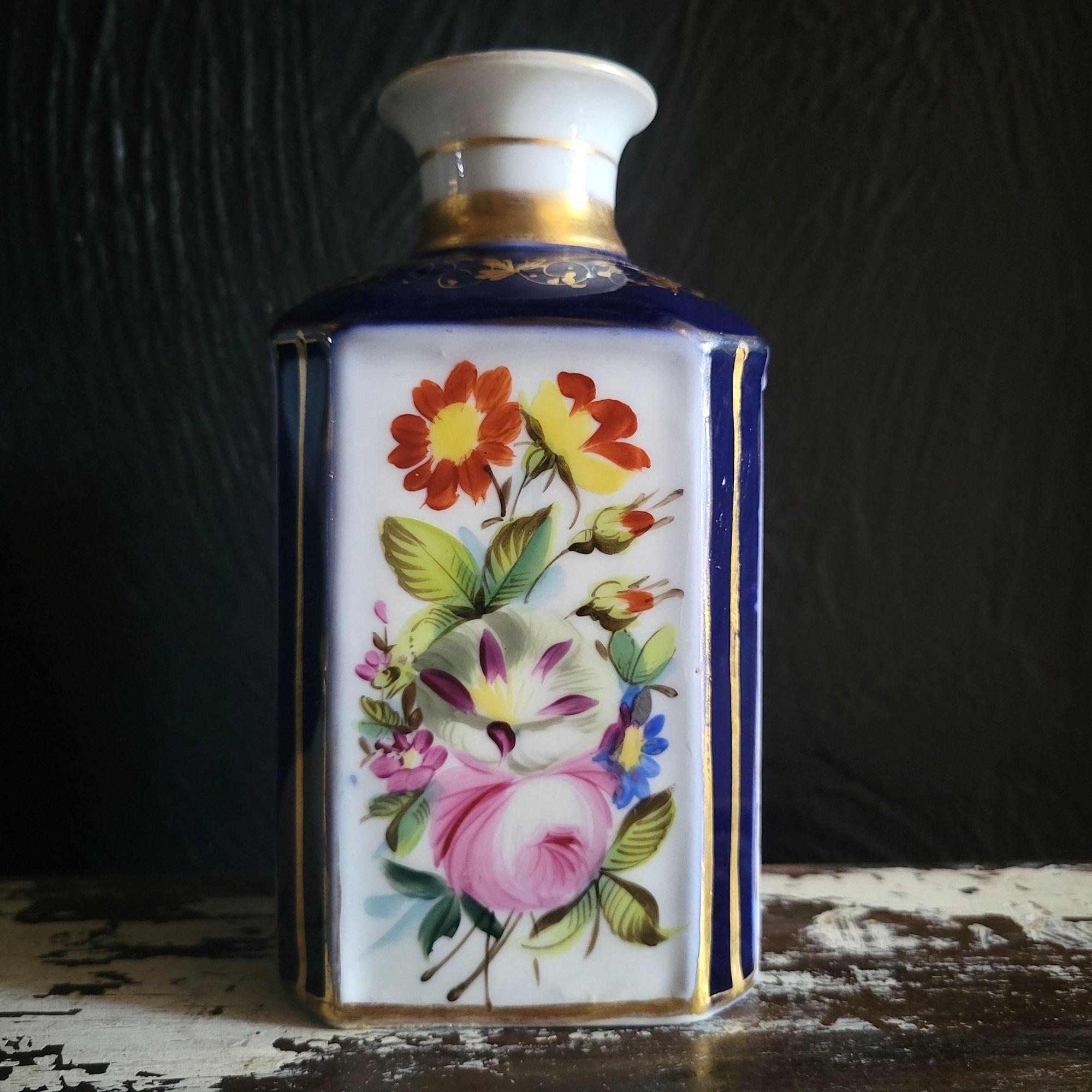 アンティーク フランス製 化粧台用香水瓶 コバルトブルー 花柄