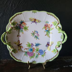 Vtg Herend Queen Victoria Square Cake Plate w/ Handles Floral & Butterfly Design