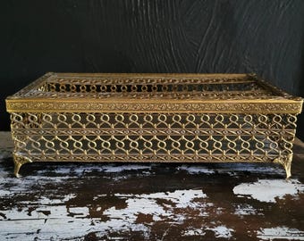 Vintage Hollywood Regency Filigree Footed Tissue Box Holder Rectangular