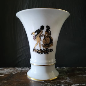 Vintage Furstenberg West Germany Vase With Colonial Figures & Gold Trim 4.125&quot;