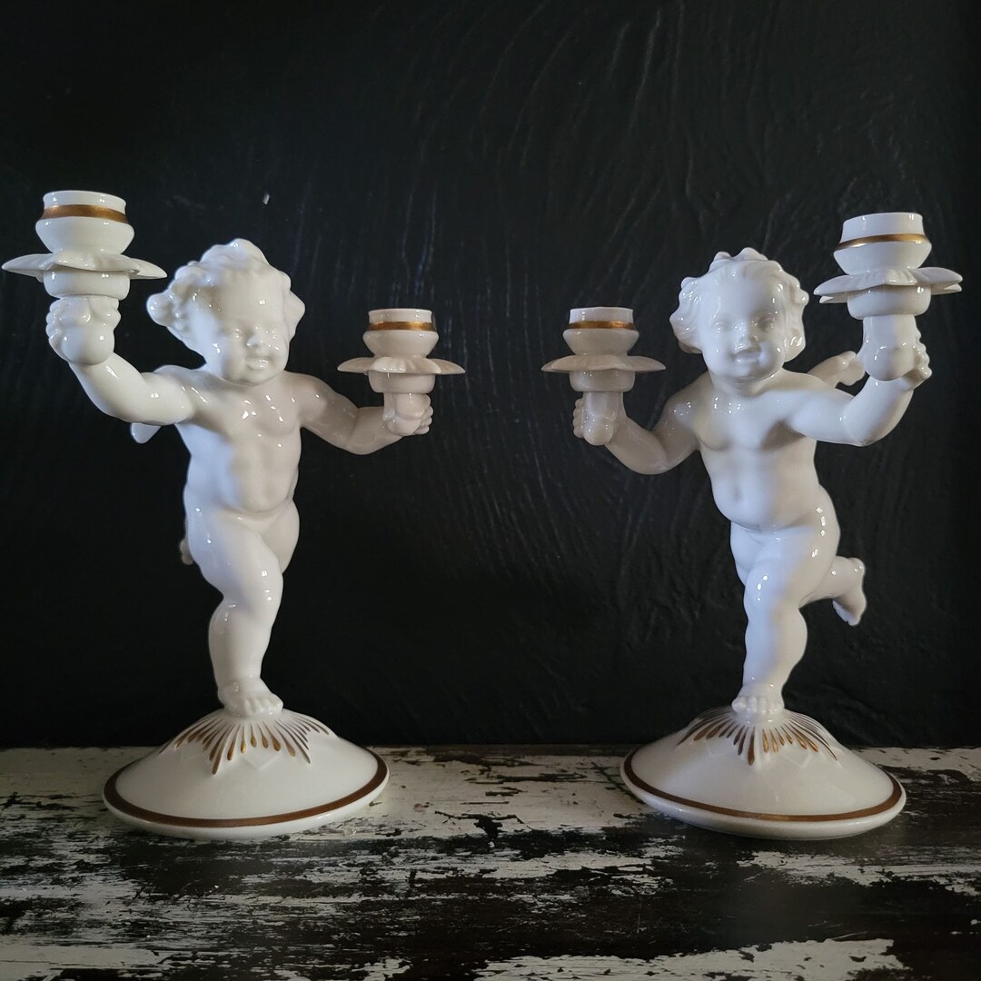 Vtg Pair of Hutschenreuther Cherub Putti Figurine Candle Holders