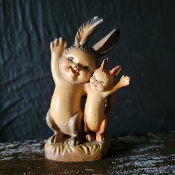 Vintage Greetings ANRI Ferrandiz Wood Carved Figurine - Rabbit & Squirrel Waving  M