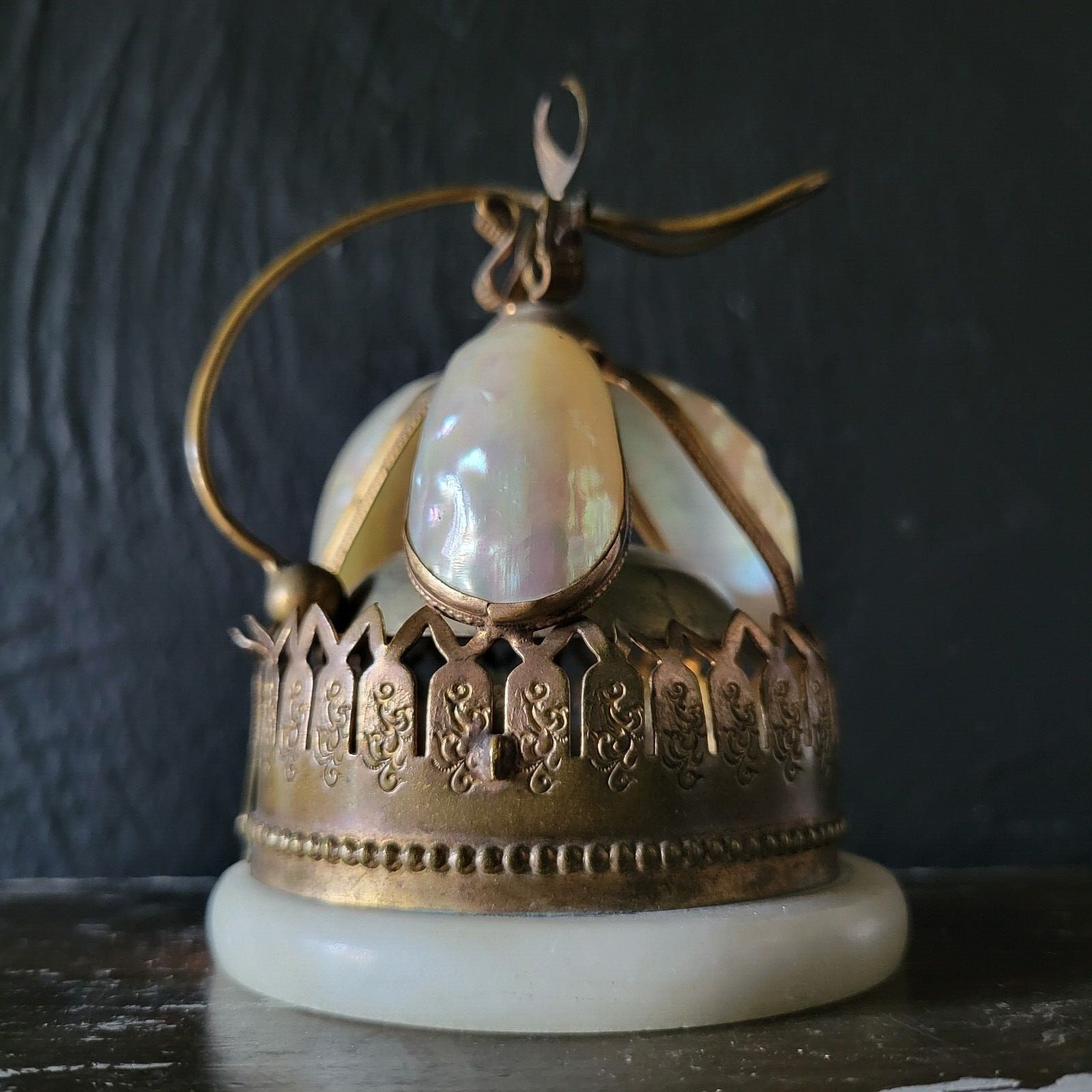 Antique 19th C French Mother of Pearl Shell Alabaster and Brass