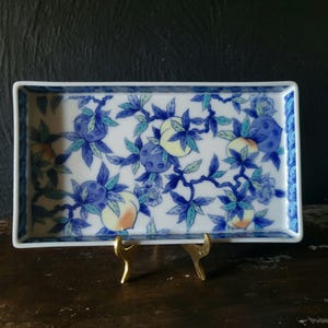 Vintage Japanese Porcelain Rectangular Tray With Blue & Yellow Peach Design