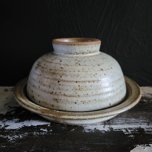 May include: A handmade, speckled ceramic butter dish with a lid. The dish is off-white with brown speckles and horizontal lines. The rim of the lid is a warm brown. The dish sits on a matching plate, creating a rustic, functional piece.