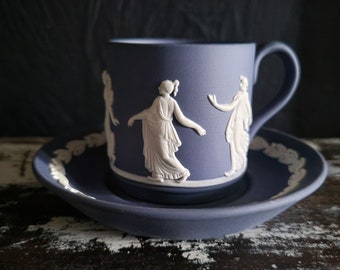 Wedgwood Dark Blue Jasperware Dancing Hours Flat Bottom Demitasse Cup & Saucer