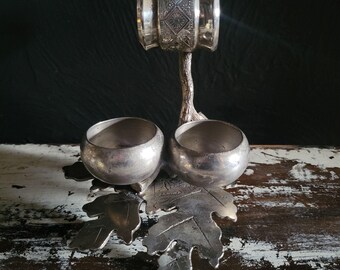 Antique Napkin Ring With Dual Open Salt Cellars (?) On Ornate Oak Leaf Base