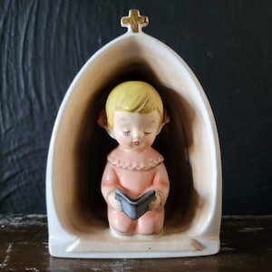 Vintage Girl Praying Figurine Table Top / Wall Decor Nursery Decor Made in Japan, Baptism Gift