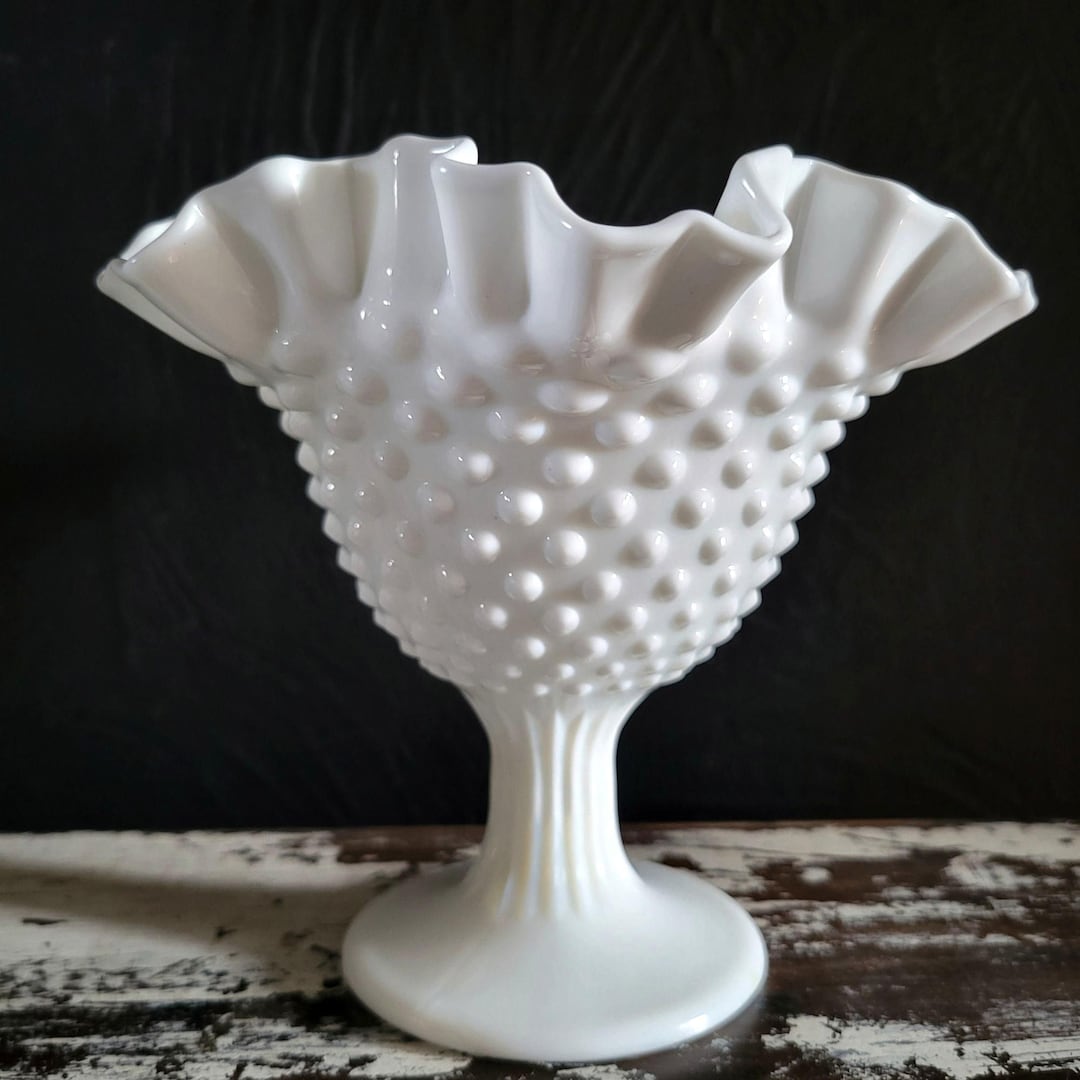 Vtg Fenton White Milk Glass Hobnail Footed Ruffled Edge Candy Dish ...