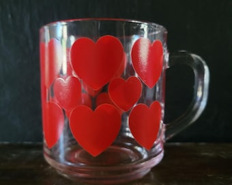 Vtg Arocroc France Red Heart Glass Mug, Clear Glass Mug Red Heart Design *Read
