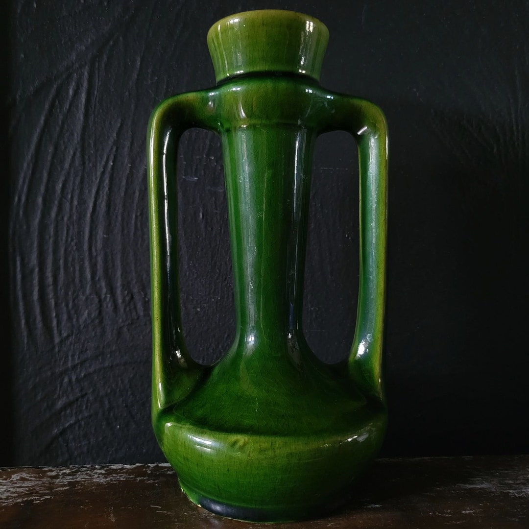Vintage Double Handle Pottery Vase Green Glaze Vase Boho Etsy
