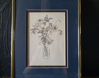 1980s Mary Lou Rich Goertzen Wild Iris and Daisies Floral Botanical Print Framed